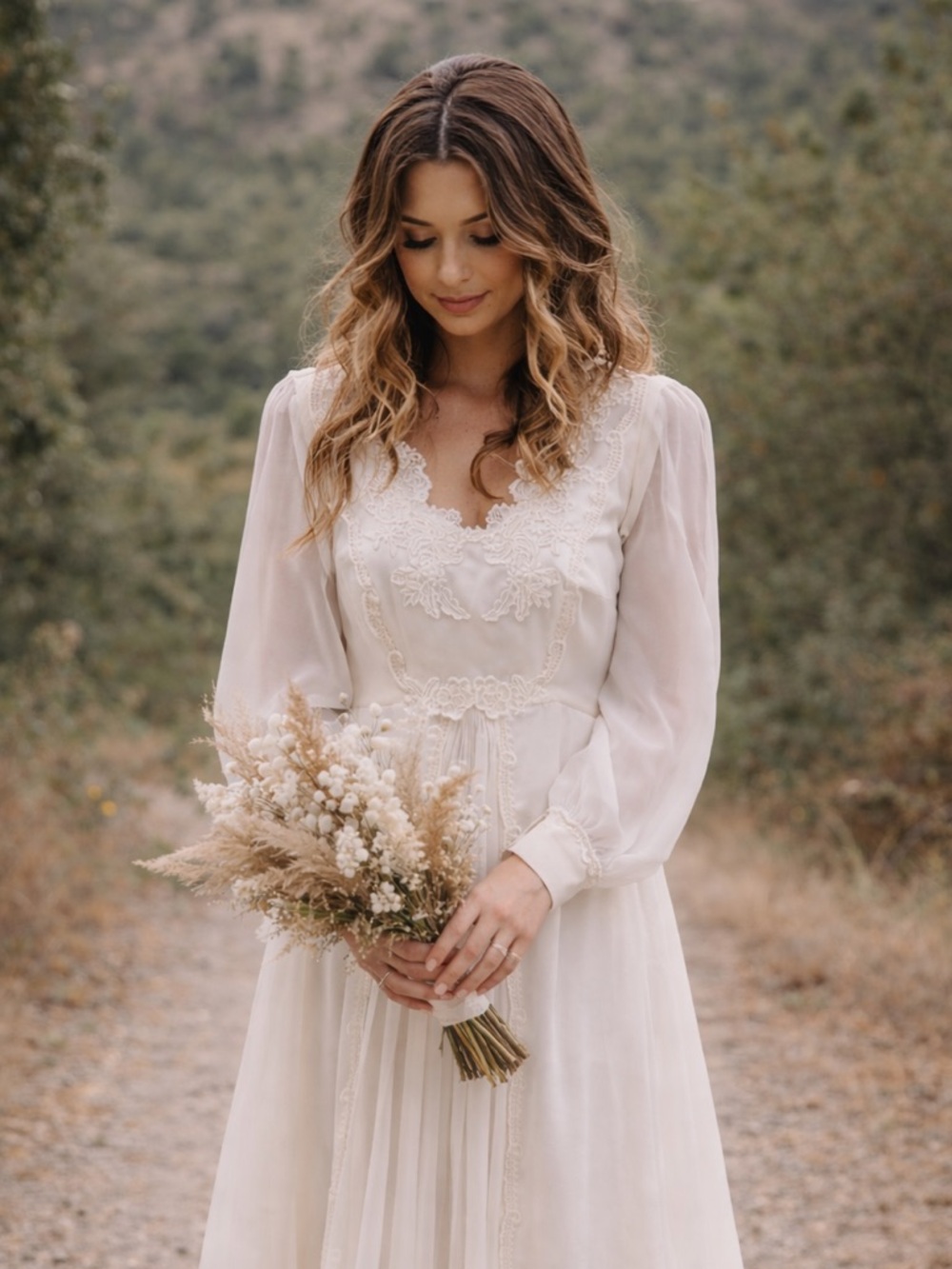 Vintage 1970s Wedding Dress - Prairie Boho Long Sleeved Bridal Gown with Bustle